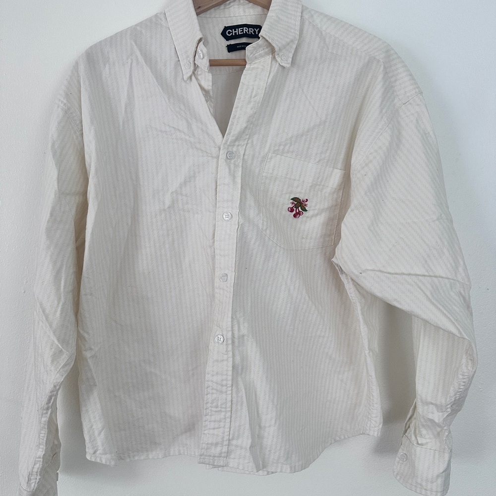 Cherry LA Cream Button-Down Shirt with Cherry Embroidery